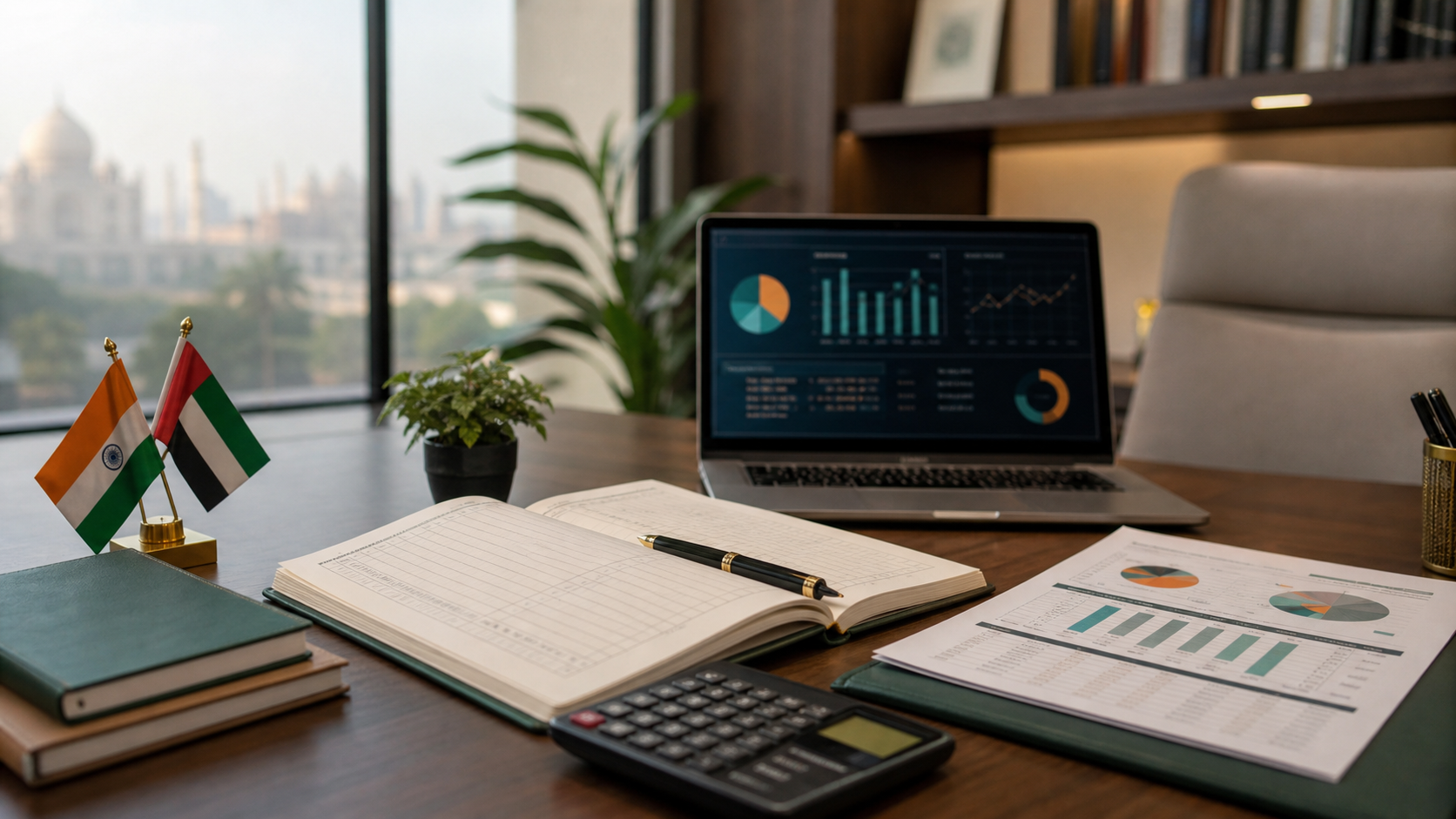 Advisory desk with India and UAE flags, a ledger, financial charts, and the city skyline beyond