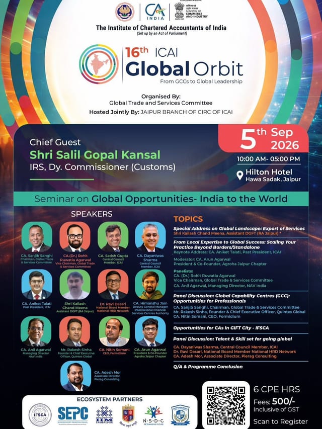 Event poster for the 16th ICAI Global Orbit, a seminar on Global Opportunities – India to the World, 5 September 2026, Hilton Hotel, Jaipur