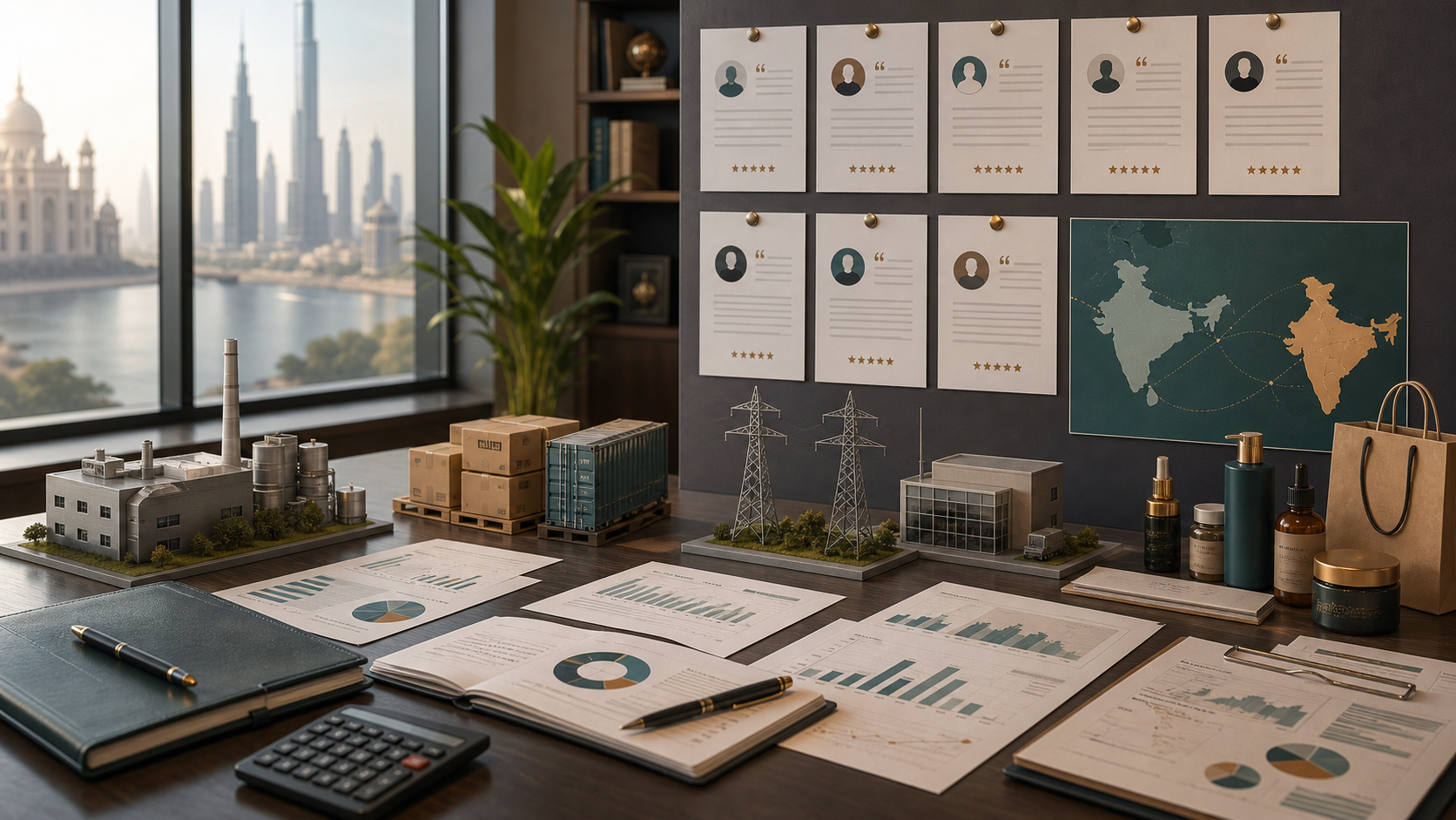 Client testimonial wall with industry models, financial charts, and India-UAE business corridor map