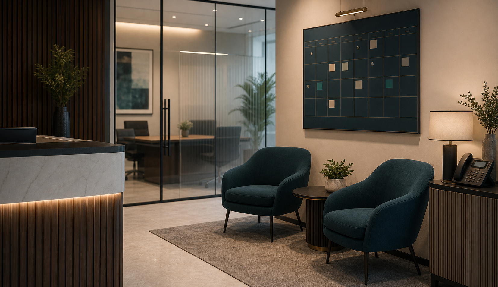 Private advisory lounge with reception seating, phone, and appointment wall