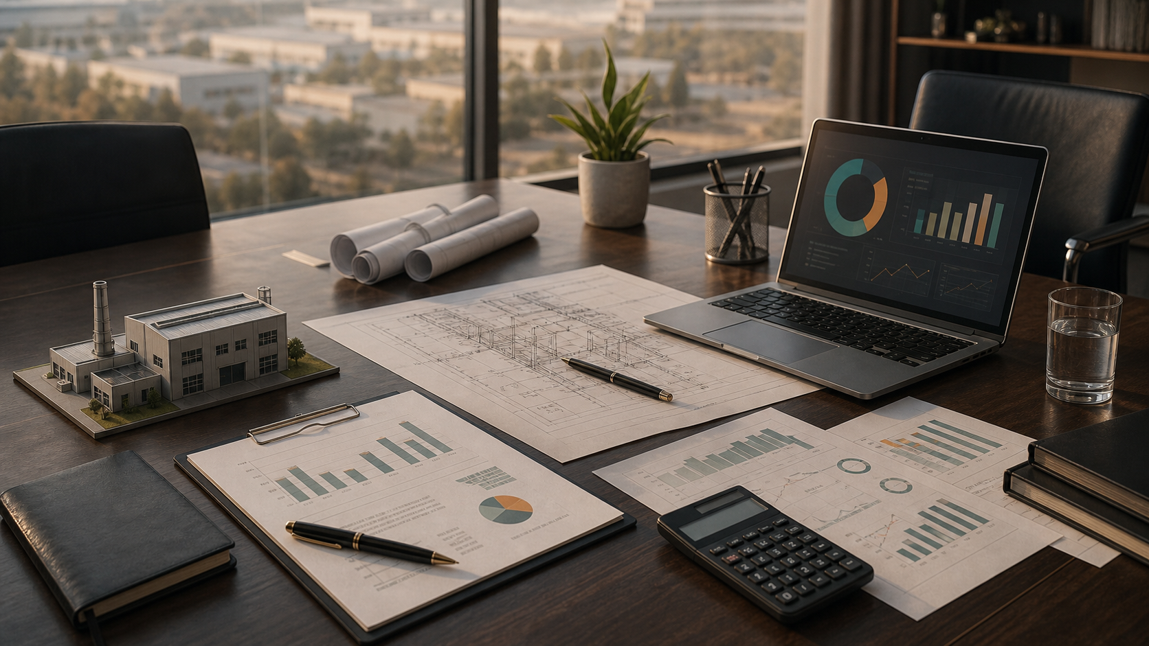 Project finance desk with growth reports, building plans, and financial models