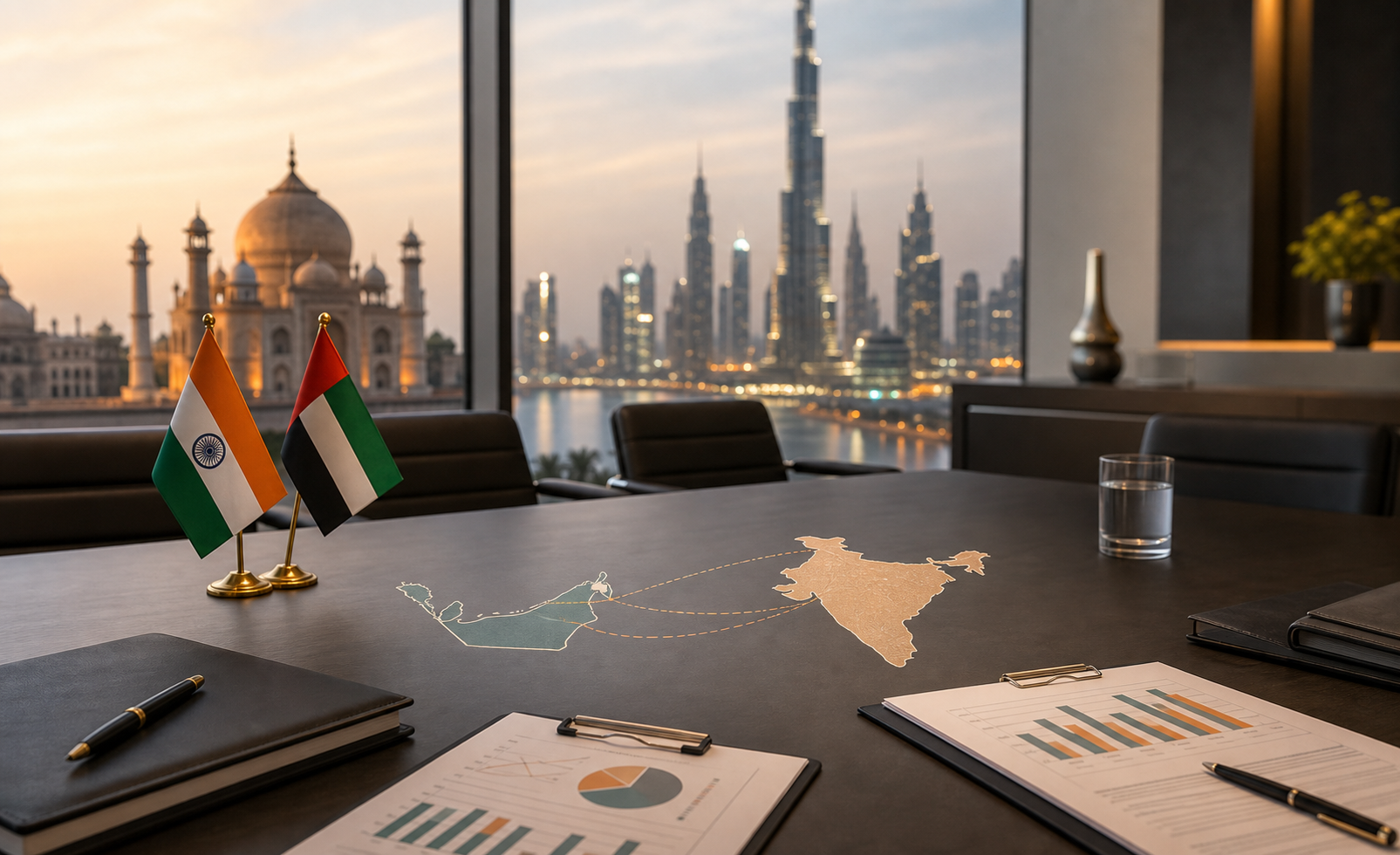 A cross-border advisory boardroom with India and UAE desk markers, financial documents, and architectural cues